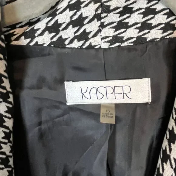 Kasper Swing Blazer Jacket Womens Black and White Houndstooth Retro Size 16